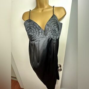 Nelli by Janice Jaraicie Black Satin 3-D Spiral Bust Design Vintage SlipDress M?